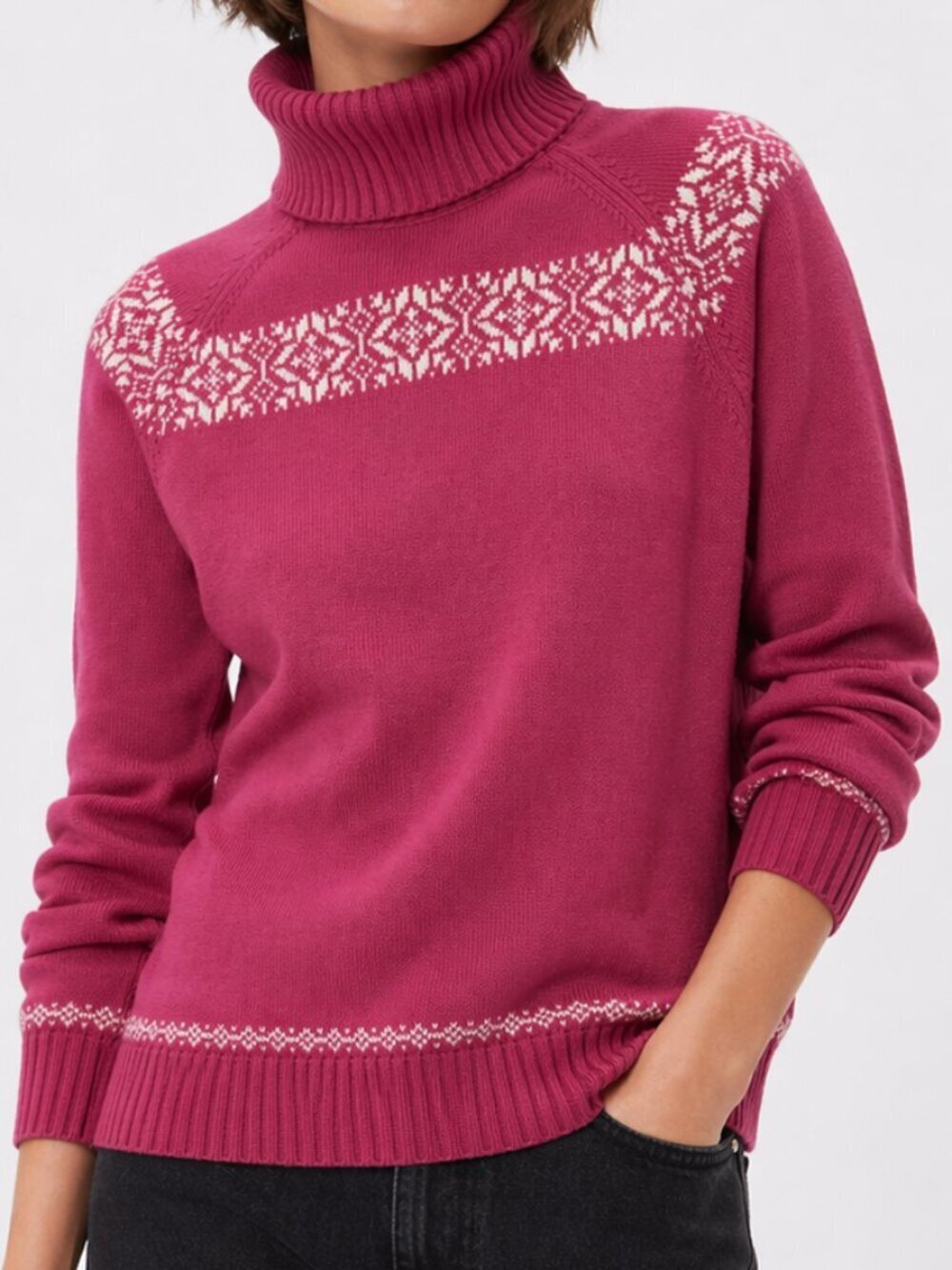 IZOD Nordic Fair Isle Turtleneck Cotton Sweater Pink Large Vintage